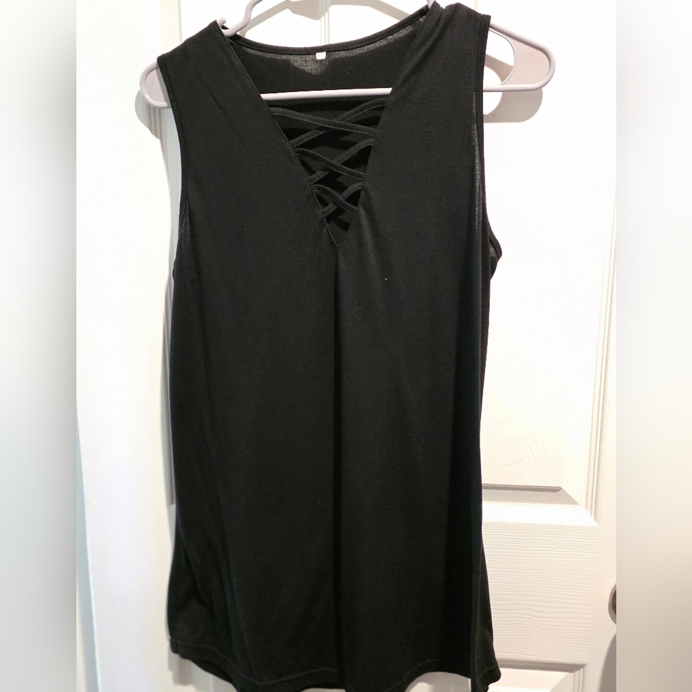 Black Sleeveless Top with Crisscross Detail